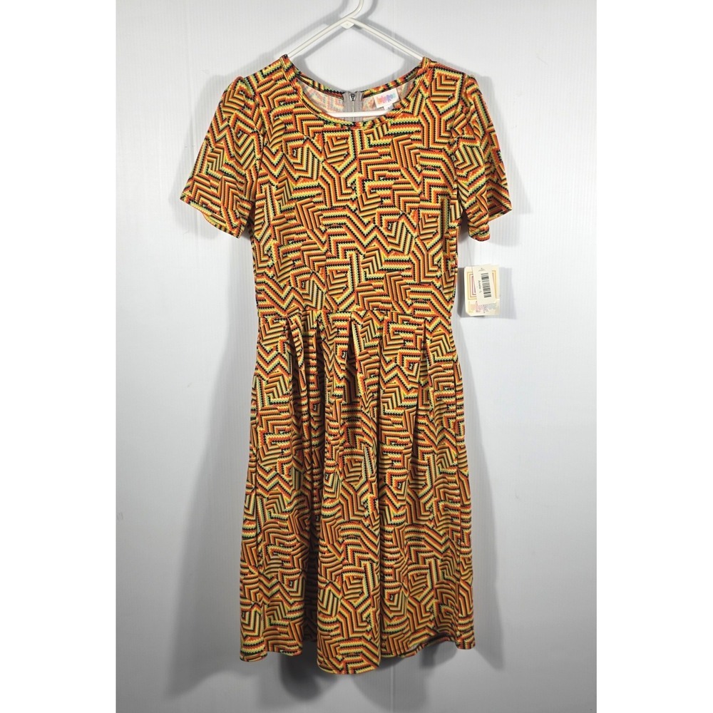 LuLaRoe Amelia Dress Large Orange Geometric Maze Short Sleeve Pleated Midi NWT